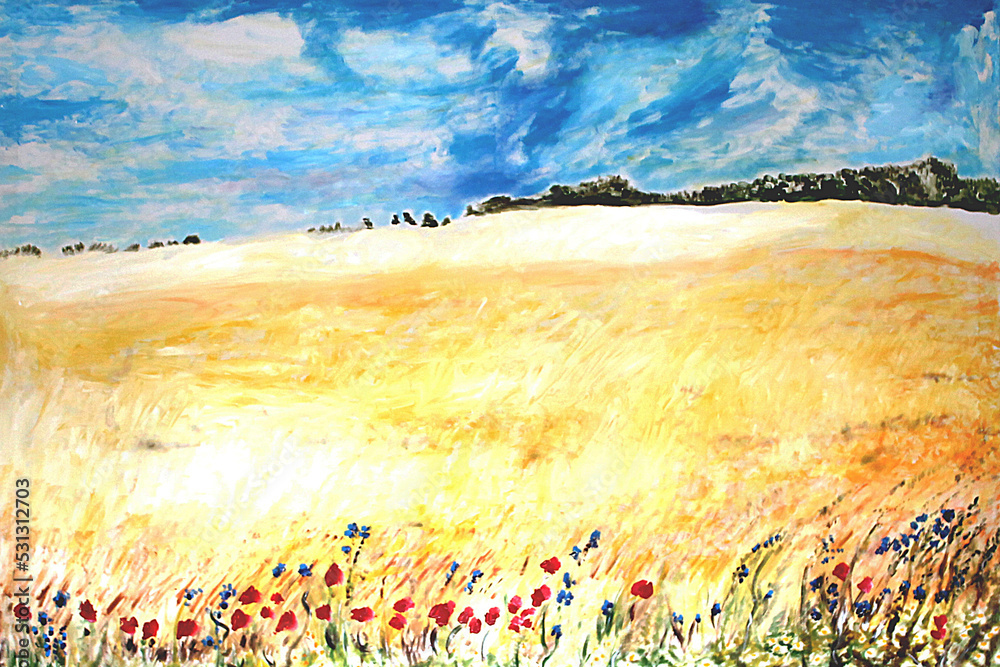 Gemälde eines Getreidefelds mit Mohnblumen unter blauem Himmel